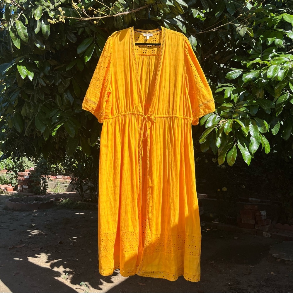 FESTI mustard yellow eyelet lace lattice tie front kimono sleeve coverup